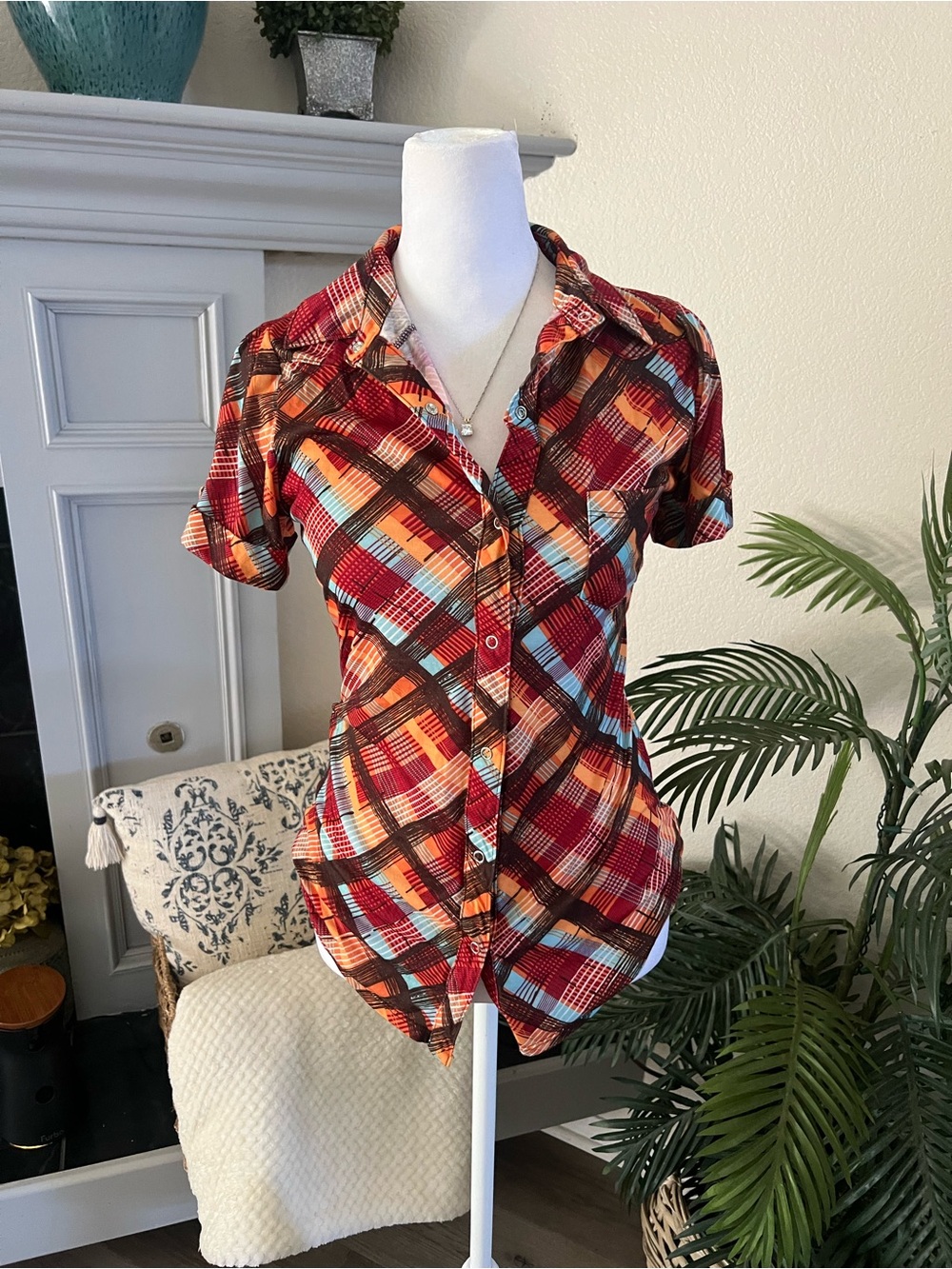 Weavers Vintage Plaid Short-Sleeve Button-Down Shirt - Red, Orange, Turquoise - Picture 2 of 8